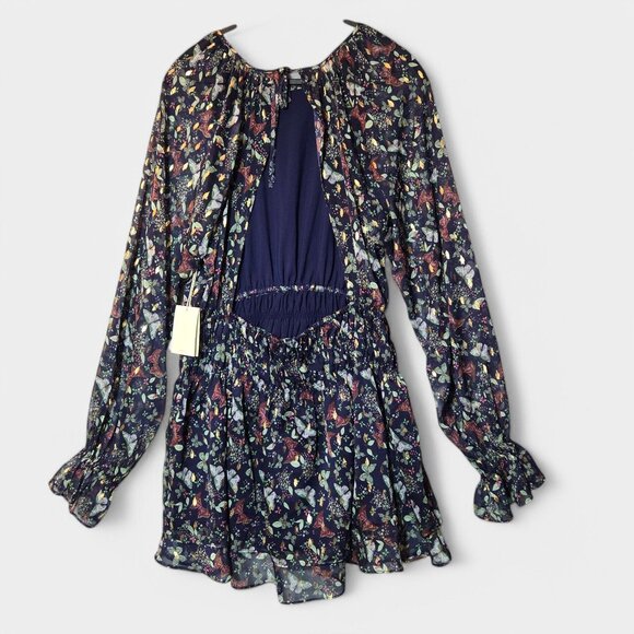 Tularosa Jaelyn Mini Dress Navy Butterfly Print Semi Sheer Flowy Boho Large NWT - Picture 4 of 16